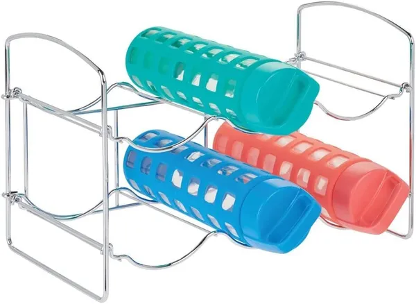 Silver_Metal_Water_Bottle_Rack_Storage_Organizer_For_Kitchen_Countertops,_Pantry,_Fridge_-_Stores_Wine,_Beer,_Pop/Soda_-_2_Levels,_Each_Holds_6_Bottles,_Free-Standing_20L_x_36W_x_25H_Centimeters
