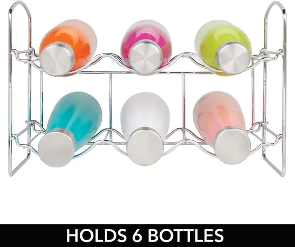 Silver_Metal_Water_Bottle_Rack_Storage_Organizer_For_Kitchen_Countertops,_Pantry,_Fridge_-_Stores_Wine,_Beer,_Pop/Soda_-_2_Levels,_Each_Holds_6_Bottles,_Free-Standing_20L_x_36W_x_25H_Centimeters