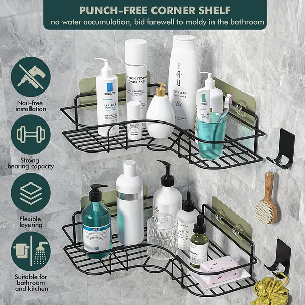 Black_Pack_Of_2_Bathroom_Accessory_With_Hooks/Soap_Corner_Tray,_Organizer_Wall_Mounted_Bathroom_Shelves_With_Adhesive,_Shower_Shelf_For_Toilet_24.5L_x_10.5W_x_6.5H_Centimeters