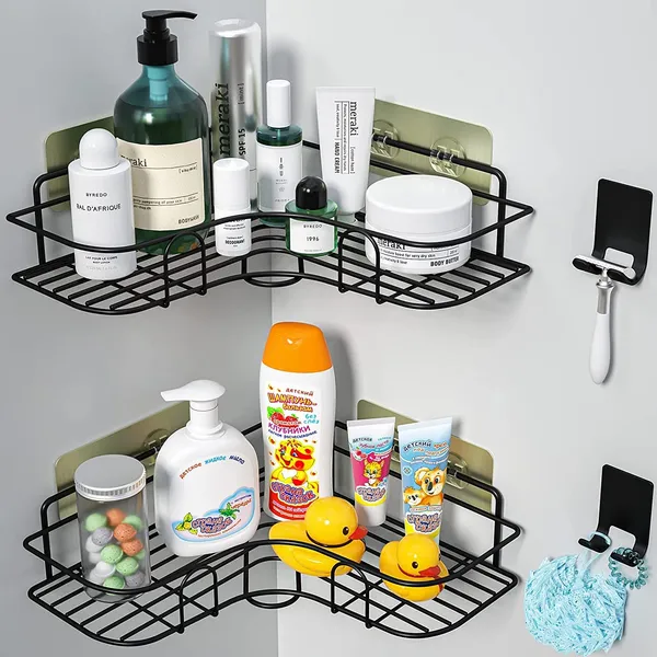 Black_Pack_Of_2_Bathroom_Accessory_With_Hooks/Soap_Corner_Tray,_Organizer_Wall_Mounted_Bathroom_Shelves_With_Adhesive,_Shower_Shelf_For_Toilet_24.5L_x_10.5W_x_6.5H_Centimeters