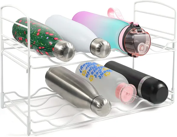 White_Metal_Water_Bottle_Rack_Storage_Organizer_For_Kitchen_Countertops,_2_Levels,Fridge_Stores_Wine,_Beer_Pop_Soda_Free-Standing_Organizer_For_Kitchen_Stores_Wine____43L_x_20W_x_27H_Centimeters