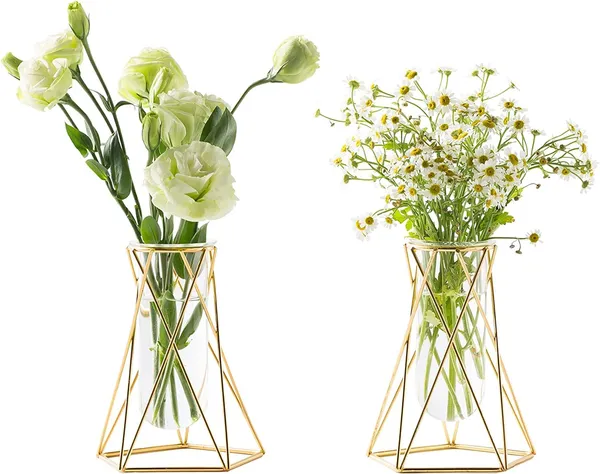 Gold_2_Pcs_Gold_Geometric_Vase,Air_Plant_Stand,Hydroponic_Plant_Flower_Vase_Glass_Test_Tube,Modern_Vases_For_Flowers_As_Wedding_Home_Office_Centerpiece_10L_x_10W_x_15H_Centimeters