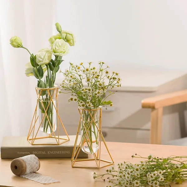 Gold_2_Pcs_Gold_Geometric_Vase,Air_Plant_Stand,Hydroponic_Plant_Flower_Vase_Glass_Test_Tube,Modern_Vases_For_Flowers_As_Wedding_Home_Office_Centerpiece_10L_x_10W_x_15H_Centimeters