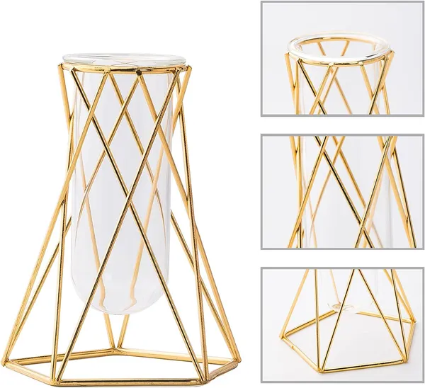 Gold_2_Pcs_Gold_Geometric_Vase,Air_Plant_Stand,Hydroponic_Plant_Flower_Vase_Glass_Test_Tube,Modern_Vases_For_Flowers_As_Wedding_Home_Office_Centerpiece_10L_x_10W_x_15H_Centimeters