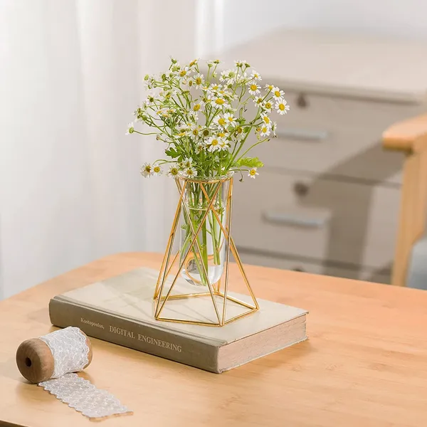 Gold_2_Pcs_Gold_Geometric_Vase,Air_Plant_Stand,Hydroponic_Plant_Flower_Vase_Glass_Test_Tube,Modern_Vases_For_Flowers_As_Wedding_Home_Office_Centerpiece_10L_x_10W_x_15H_Centimeters