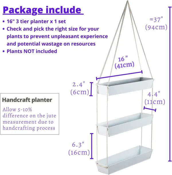 White_Wall_Planters_-_16_Inch_3-Tier_Galvanized_Wall-Mounted_Succulent_Planters_Boho_Metal_Window_Herb_Garden,_Rectangle_Hanging_Vertical_Shelf_Shower_Plant_Pot_11_x_6_x_16_Centimeters