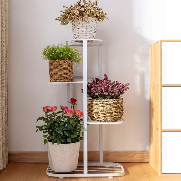 White_Modern_Style_Planter_Flower_Pot_Rust_Proof_Iron_Metal_Excellent_Finish_For_Indoor_And_Outdoor_Planter_Display_For_Indoor_Balcony_Living(4_Tier_5_Potted)_63.5_x_22.9_x_45.7_Centimeters
