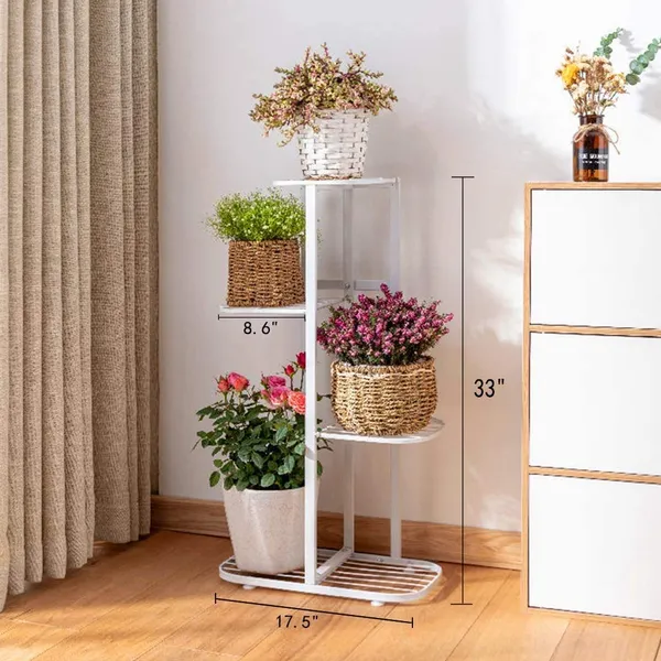 White_Modern_Style_Planter_Flower_Pot_Rust_Proof_Iron_Metal_Excellent_Finish_For_Indoor_And_Outdoor_Planter_Display_For_Indoor_Balcony_Living(4_Tier_5_Potted)_63.5_x_22.9_x_45.7_Centimeters