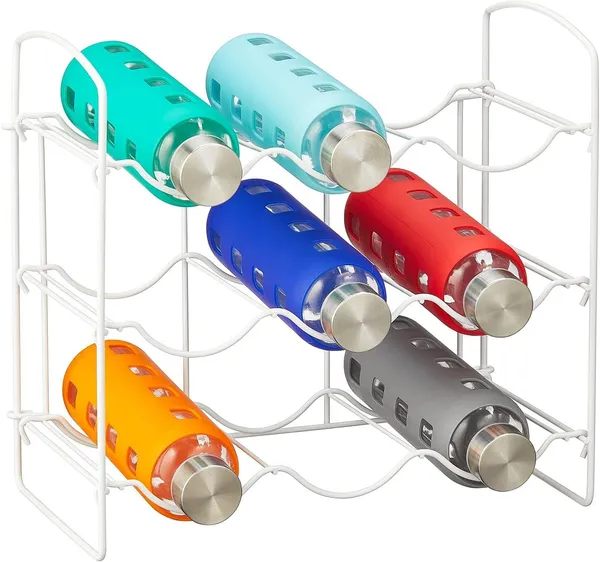 White_Metal_Water_Bottle_Rack_Storage_Organizer_For_Kitchen_Countertops,_Pantry,_Fridge_-_Stores_Wine,_Beer,_Pop/Soda_-_3_Levels,_Each_Holds_9_Bottles,_Free-Standing____36L_x_20W_x_36H_Centimeters