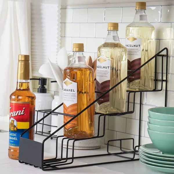 Black_Decorative_4_Wine_Bottle_Holder_Stand_Can_Fix_On_Wall_Or_Can_Put_On_Table,_Clear_Syrup_Bottle_Holder,_Wire_4_Compartment_Bottle_Organizer,_Storage_For_Syrup,_Wine_33L_x_11W_x_13H_Centimeters