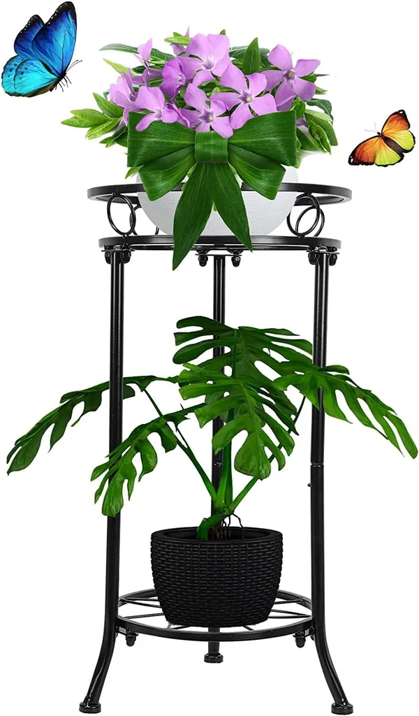Black_Cute_2_Tier_Potted_Plant_Stand_Sturdy_Stable_Wrought_Iron_Frame_Rust_Utility_For_Indoor_(Living_Room/_Hallway)_And_Outdoor_(Garden/Patio/Entryway)_(Parallel)__30_x_30_x_50_Centimeters