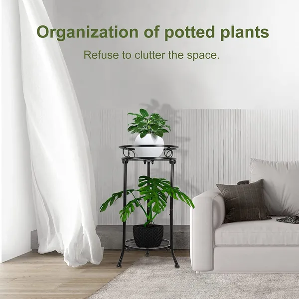 Black_Cute_2_Tier_Potted_Plant_Stand_Sturdy_Stable_Wrought_Iron_Frame_Rust_Utility_For_Indoor_(Living_Room/_Hallway)_And_Outdoor_(Garden/Patio/Entryway)_(Parallel)__30_x_30_x_50_Centimeters