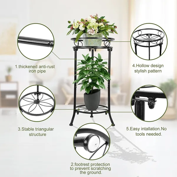 Black_Cute_2_Tier_Potted_Plant_Stand_Sturdy_Stable_Wrought_Iron_Frame_Rust_Utility_For_Indoor_(Living_Room/_Hallway)_And_Outdoor_(Garden/Patio/Entryway)_(Parallel)__30_x_30_x_50_Centimeters
