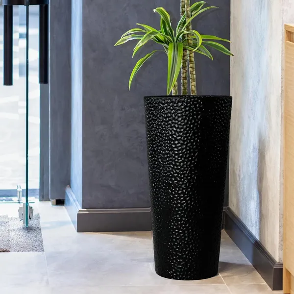 Black_Metal_Planters_With_Inner_Pots_Hand_Hammered_Tall_Plant_Containers_For_Indoor/Outdoor,_Garden,_Patio,_Porch,_Balcony_Large_Decorative_Flower_Pots(2)_23L_x_23W_x_50H_Centimeters
