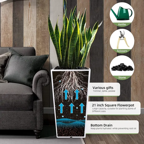 White_Tall_Planters_For_Outdoor_Plants_Set_Of_2,Outdoor_Planters_For_Front_Porch_Balcony,21_Inch_Large_Planters_For_Outdoor_Indoor_Garden_Patio_(Wood_Grain)_25_x_25_x_50_Centimeters
