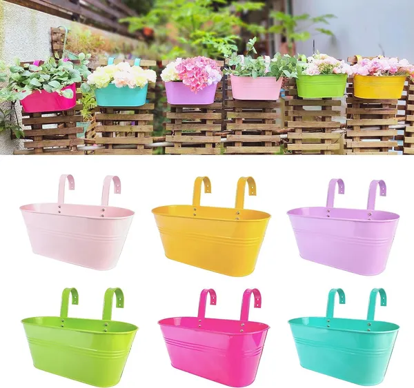 Multicolour_Rail_Planter_Outdoor_Metal_Iron_Hanging_Flower_Buckets_Modern_Countryside_Boho_Style_White_Wall_Mount_Window_Box_Plant_Holder_Hooks_Porch_Decor_(6Set)____25L_x_11W_x_13H_Centimeters