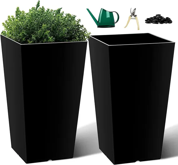Black_Tall_Planters_For_Outdoor_Plants_Set_Of_2,Outdoor_Planters_For_Front_Porch_Balcony,21_Inch_Large_Planters_For_Outdoor_Indoor_Garden_Patio_25_x_25_x_50_Centimeters