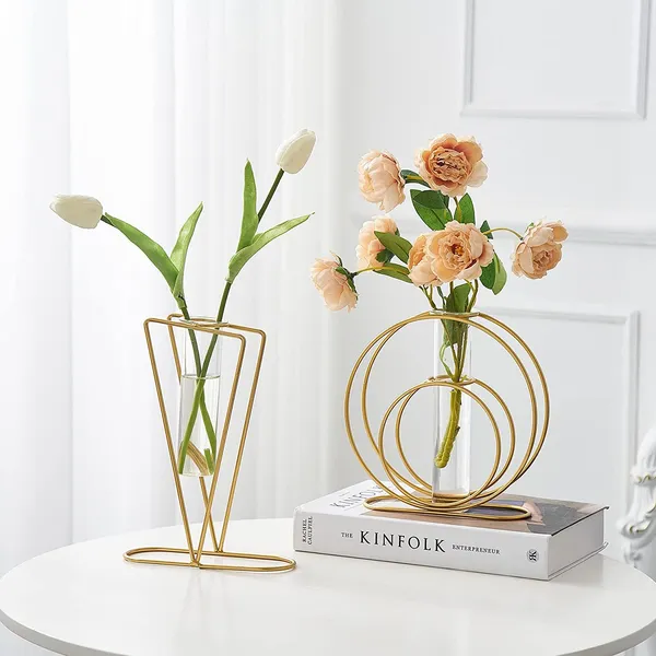 Gold_Metal_Vase_For_Shelf_Decor,_Glass_Tube_Vase_With_Round_Metal_Stand,Vases_Decorations_For_Wedding_Table_Centerpieces,_Entryway,_Bookshelf,_Wedding_Party_(Triangle)____15L_x_10W_x_25H_Centimeters