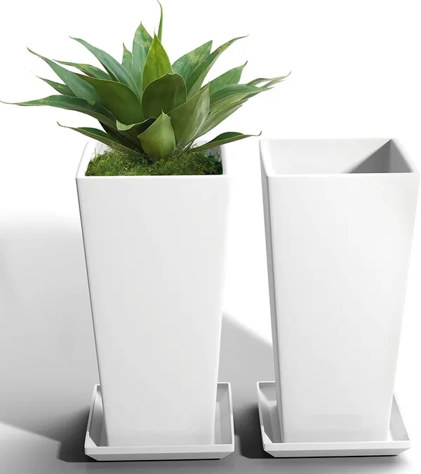 White_Tall_Metal_Planters_22_Inch_Tall,_Set_Of_2_Decorative_Rectangular_Display_For_Outdoor_And_Indoors,_With_14"_Tray_For_Entry,_Patio____33L_x_33W_x_70H_Centimeters