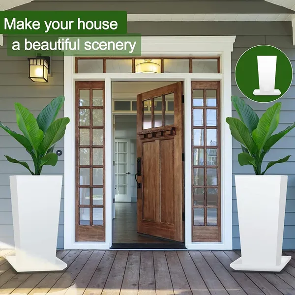 White_Tall_Metal_Planters_22_Inch_Tall,_Set_Of_2_Decorative_Rectangular_Display_For_Outdoor_And_Indoors,_With_14"_Tray_For_Entry,_Patio____33L_x_33W_x_70H_Centimeters