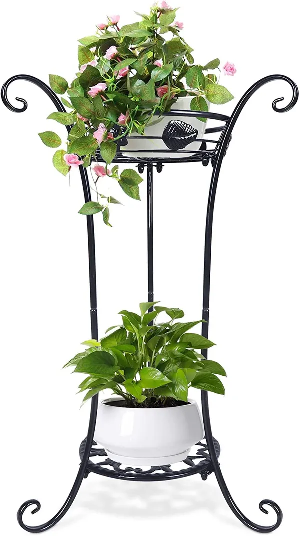 Black_Cute_2_Tier_Potted_Plant_Stand_Sturdy_Frame_Rust_Free_Excellent_Black_Finish_Utility_For_Indoor_(Living_Room/_Hallway)_And_Outdoor_(Garden/Patio/Entryway)_(Vines)__30_x_30_x_50_Centimeters