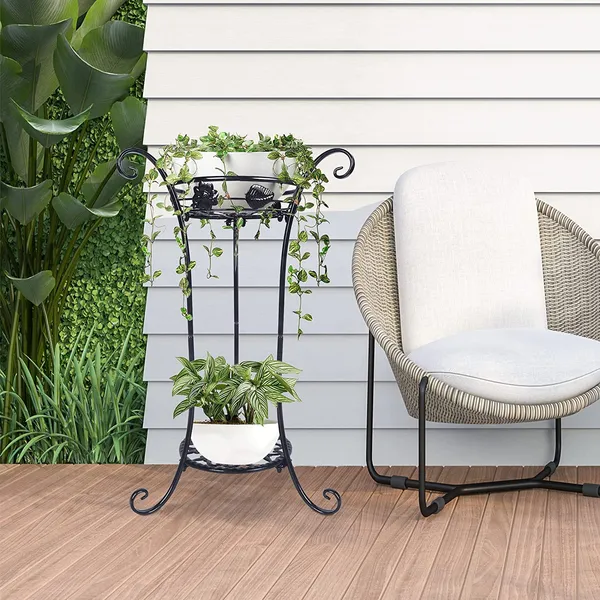 Black_Cute_2_Tier_Potted_Plant_Stand_Sturdy_Frame_Rust_Free_Excellent_Black_Finish_Utility_For_Indoor_(Living_Room/_Hallway)_And_Outdoor_(Garden/Patio/Entryway)_(Vines)__30_x_30_x_50_Centimeters