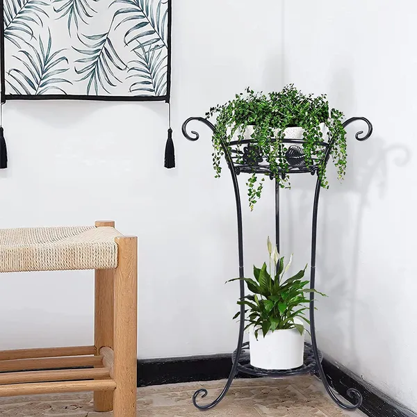 Black_Cute_2_Tier_Potted_Plant_Stand_Sturdy_Frame_Rust_Free_Excellent_Black_Finish_Utility_For_Indoor_(Living_Room/_Hallway)_And_Outdoor_(Garden/Patio/Entryway)_(Vines)__30_x_30_x_50_Centimeters
