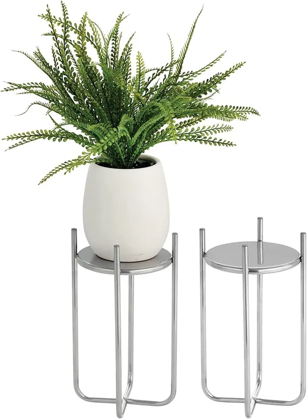 Chrome_Metal_Steel_Modern_12_Inch_Medium_Plant_Stand,_Planter_Holder,_With_Decorative_Crisscross_Design_For_Table,_Floor;_Holds_Indoor/Outdoor_Plants,_Flower_Pot_Stand__17_x_17_x_30_Centimeters