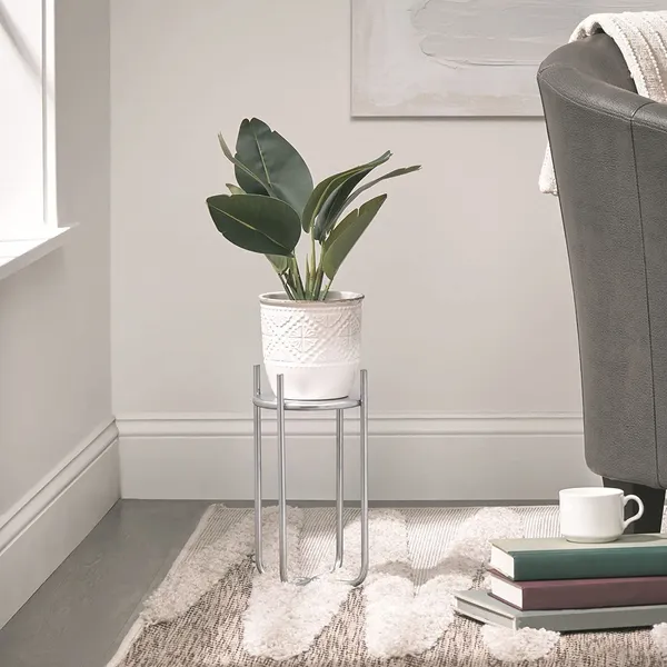 Chrome_Metal_Steel_Modern_12_Inch_Medium_Plant_Stand,_Planter_Holder,_With_Decorative_Crisscross_Design_For_Table,_Floor;_Holds_Indoor/Outdoor_Plants,_Flower_Pot_Stand__17_x_17_x_30_Centimeters