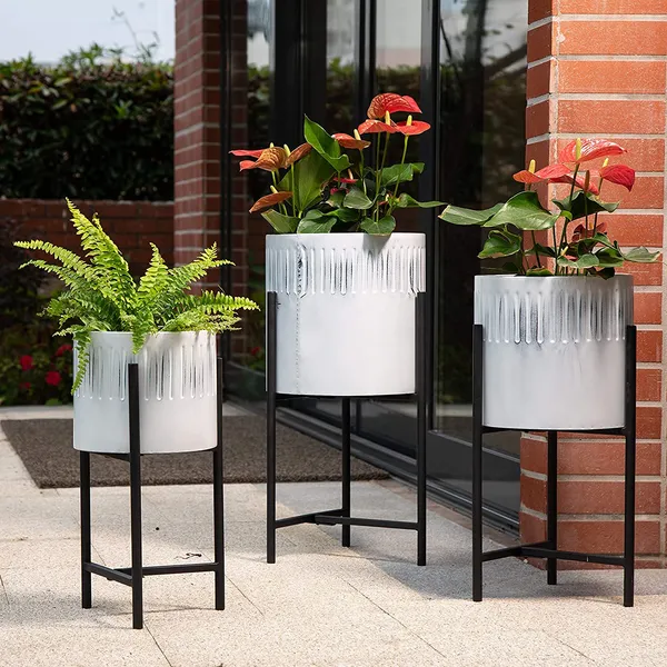 White_Mid_Century_Plant_Stand_With_Pot_Set_Of_3_Modern_Metal_Planters_With_Stands_Flower_Pot_Holders_Perfect_For_Indoor_Outdoor_Plants_Plant_Stand_Not_Adjustable__30.5_x_30.5_x_61_Centimeters;_2_kg