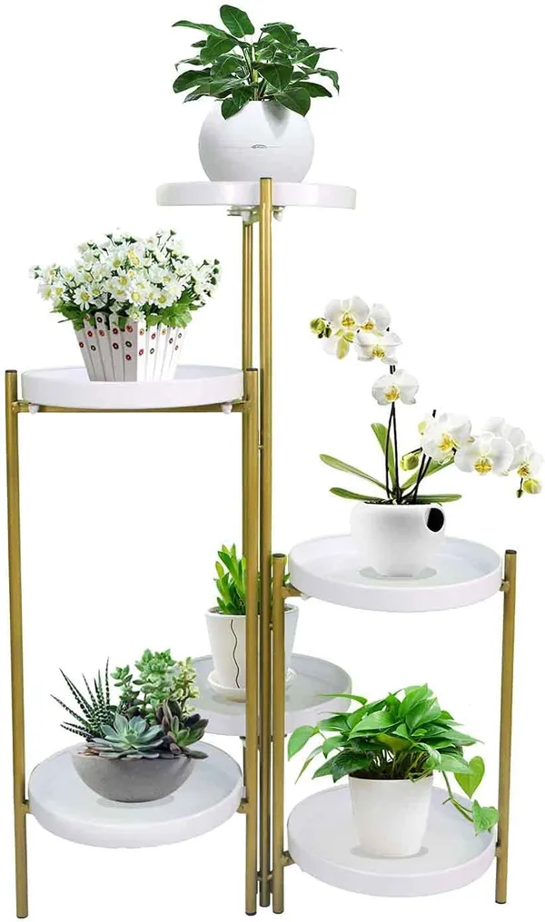 White_Tiered_Metal_Plant_Stand,_Gold_Multiple_Flower_Pot_Holder_Shelves_Planter_Rack,_Storage_Organizer_Display_For_Indoor_Outdoor_Garden_Balcony(Not_Include_Plants)__25_x_25_x_70_Centimeters