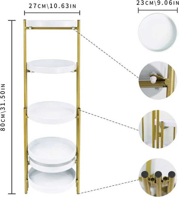 White_Tiered_Metal_Plant_Stand,_Gold_Multiple_Flower_Pot_Holder_Shelves_Planter_Rack,_Storage_Organizer_Display_For_Indoor_Outdoor_Garden_Balcony(Not_Include_Plants)__25_x_25_x_70_Centimeters