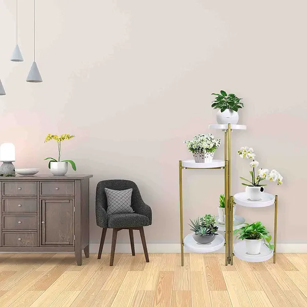 White_Tiered_Metal_Plant_Stand,_Gold_Multiple_Flower_Pot_Holder_Shelves_Planter_Rack,_Storage_Organizer_Display_For_Indoor_Outdoor_Garden_Balcony(Not_Include_Plants)__25_x_25_x_70_Centimeters