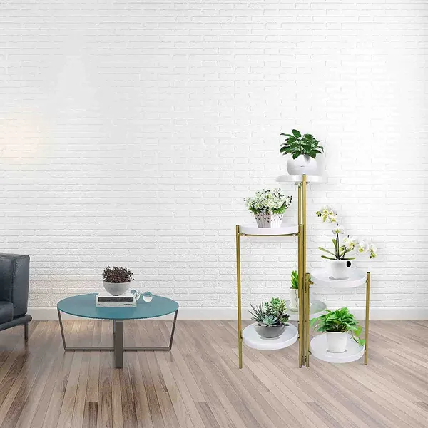 White_Tiered_Metal_Plant_Stand,_Gold_Multiple_Flower_Pot_Holder_Shelves_Planter_Rack,_Storage_Organizer_Display_For_Indoor_Outdoor_Garden_Balcony(Not_Include_Plants)__25_x_25_x_70_Centimeters