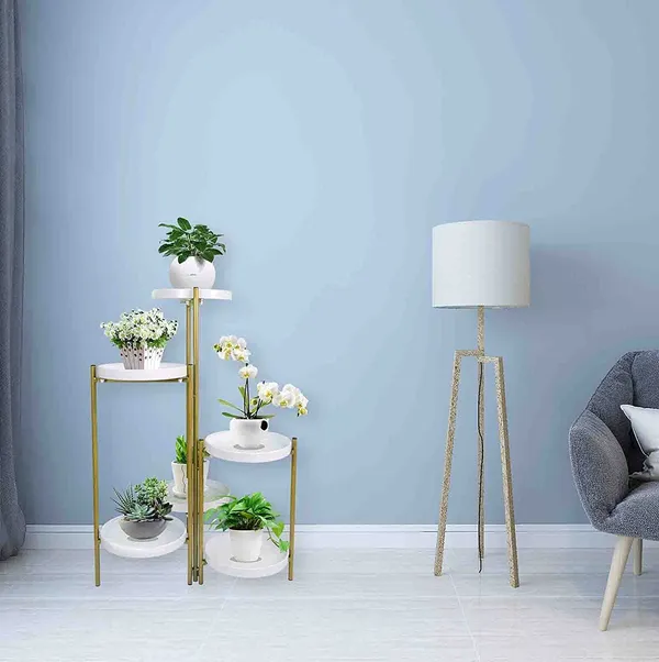 White_Tiered_Metal_Plant_Stand,_Gold_Multiple_Flower_Pot_Holder_Shelves_Planter_Rack,_Storage_Organizer_Display_For_Indoor_Outdoor_Garden_Balcony(Not_Include_Plants)__25_x_25_x_70_Centimeters