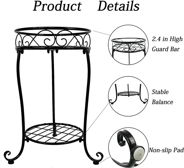 Black_Cute_2_Tier_Potted_Plant_Stand_Sturdy_Stable_Wrought_Iron_Frame_Rust_Free_Excellent_Black_Finish_Utility_For_Indoor_And_Outdoor_(Garden_Patio_Entryway)_(Cute_Curve)_30_x_30_x_50_Centimeters
