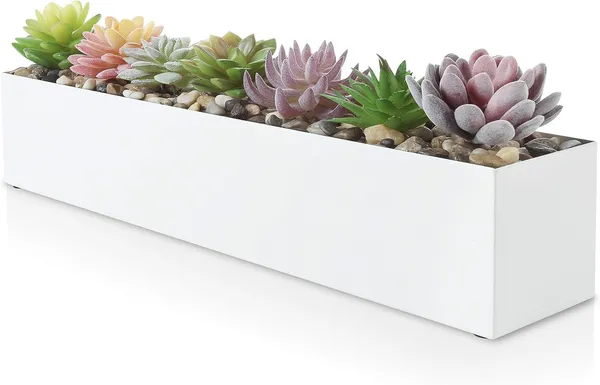 White_Modern_Narrow_Planter_Box_|_16"_Metal_Perfect_As_A_Succulent_Planter_For_Table_Or_Window_Sill_Planters_Indoor_|_Rectangular_Stainless_Steel_Long_Planter____40L_x_8W_x_9H_Centimeters