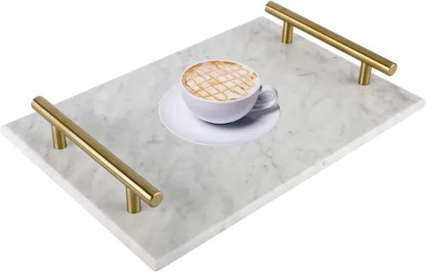 White_Handmade_Marble_Stone_Decorative_Tray_With_Gold-Coloured_Metal_Handles,_Ideal_For_Counter,_Vanity,_Dresser,_Nightstand_And_Desk____30L_x_20W_x_4H_Centimeters