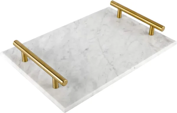 White_Handmade_Marble_Stone_Decorative_Tray_With_Gold-Coloured_Metal_Handles,_Ideal_For_Counter,_Vanity,_Dresser,_Nightstand_And_Desk____30L_x_20W_x_4H_Centimeters