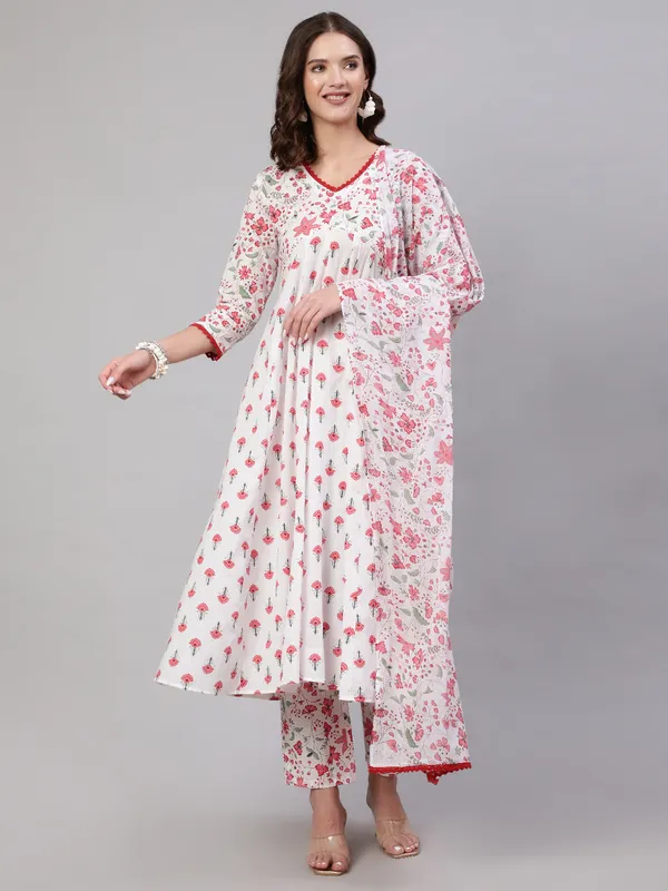 Pink_Pure_Cotton_Floral_V_Neck_A-Line_Kurta,_Pant_&_Dupatta_Set_For_Women