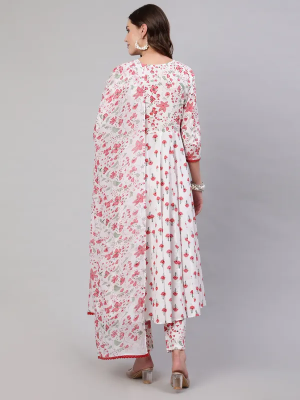 Pink_Pure_Cotton_Floral_V_Neck_A-Line_Kurta,_Pant_&_Dupatta_Set_For_Women