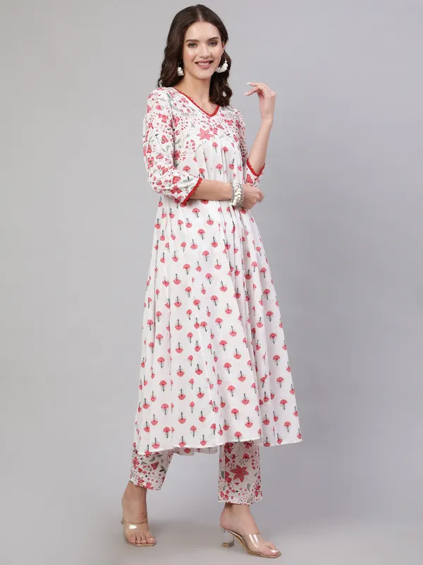 Pink_Pure_Cotton_Floral_V_Neck_A-Line_Kurta,_Pant_&_Dupatta_Set_For_Women