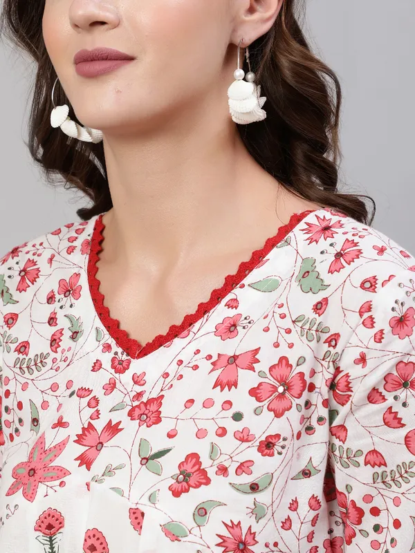 Pink_Pure_Cotton_Floral_V_Neck_A-Line_Kurta,_Pant_&_Dupatta_Set_For_Women