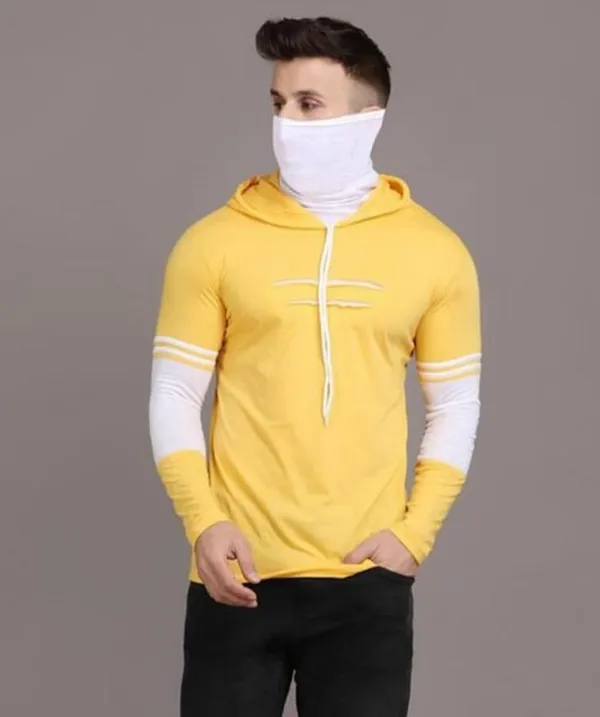 White_&_Yellow_Cotton_Blend_Regular_Hooded_Neck_T-Shirt_For_Men