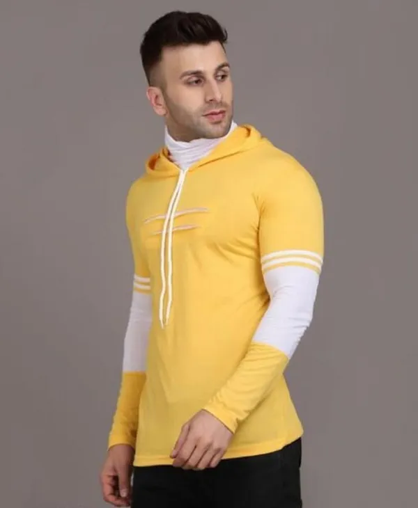White_&_Yellow_Cotton_Blend_Regular_Hooded_Neck_T-Shirt_For_Men