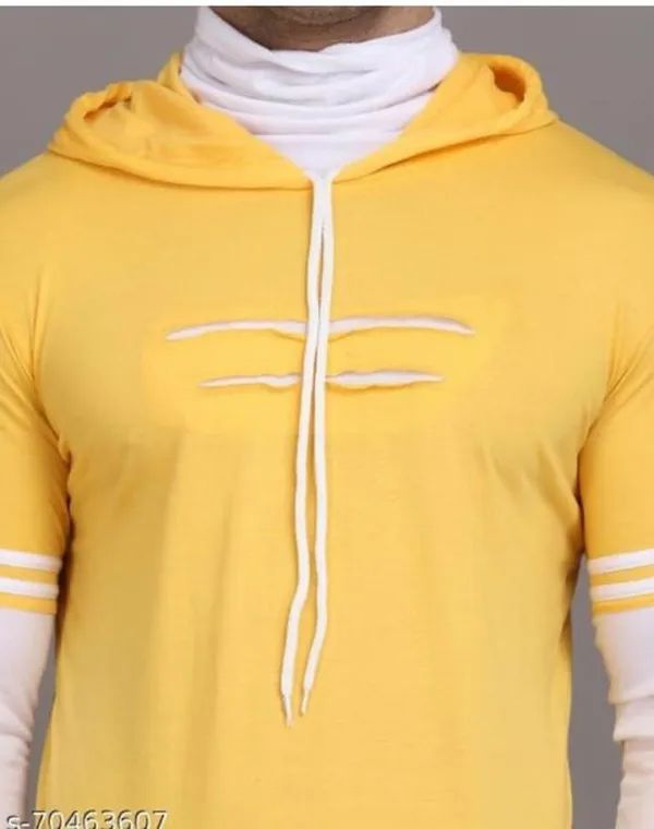 White_&_Yellow_Cotton_Blend_Regular_Hooded_Neck_T-Shirt_For_Men