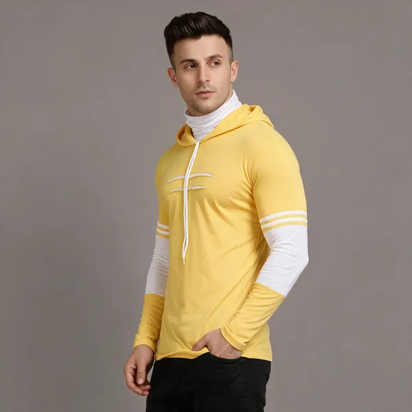 White_&_Yellow_Cotton_Blend_Regular_Hooded_Neck_T-Shirt_For_Men
