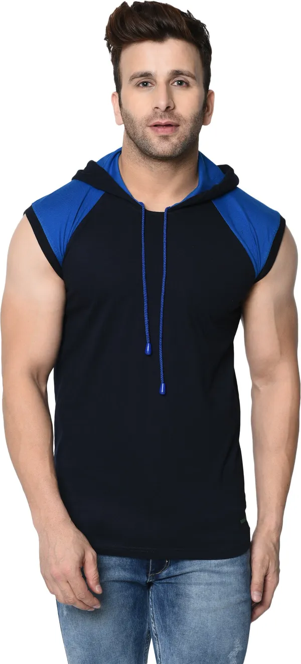Blue_&_Black_Cotton_Blend_Sleeveless_Boxy_Hooded_Neck_T-Shirt_For_Men