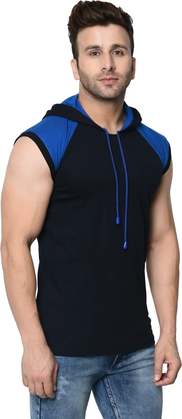 Blue_&_Black_Cotton_Blend_Sleeveless_Boxy_Hooded_Neck_T-Shirt_For_Men