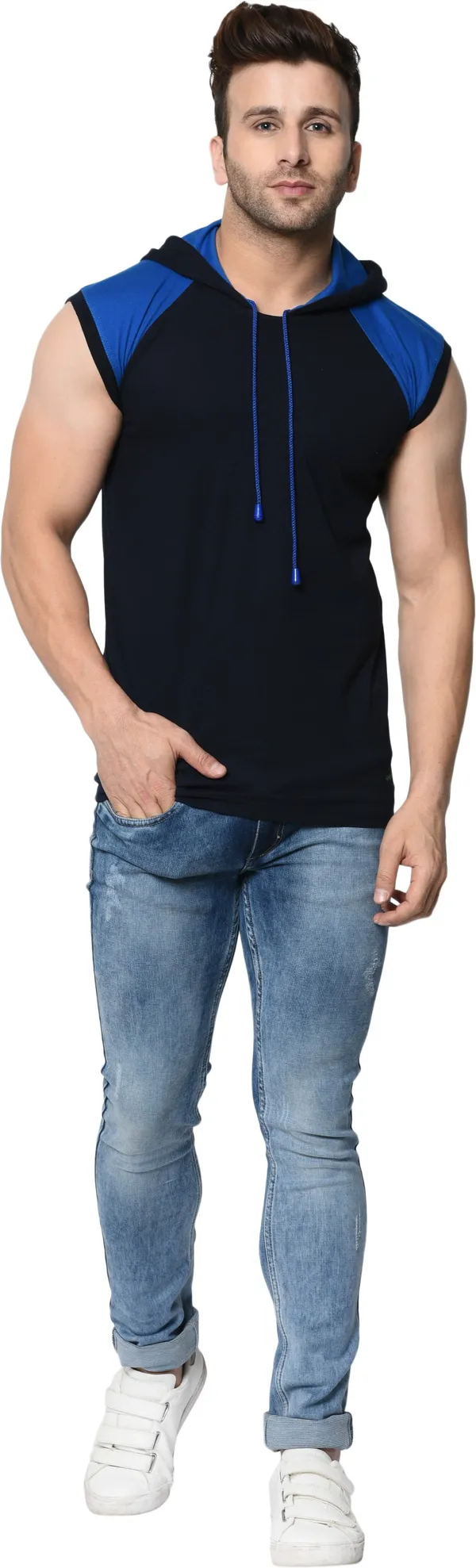 Blue_&_Black_Cotton_Blend_Sleeveless_Boxy_Hooded_Neck_T-Shirt_For_Men